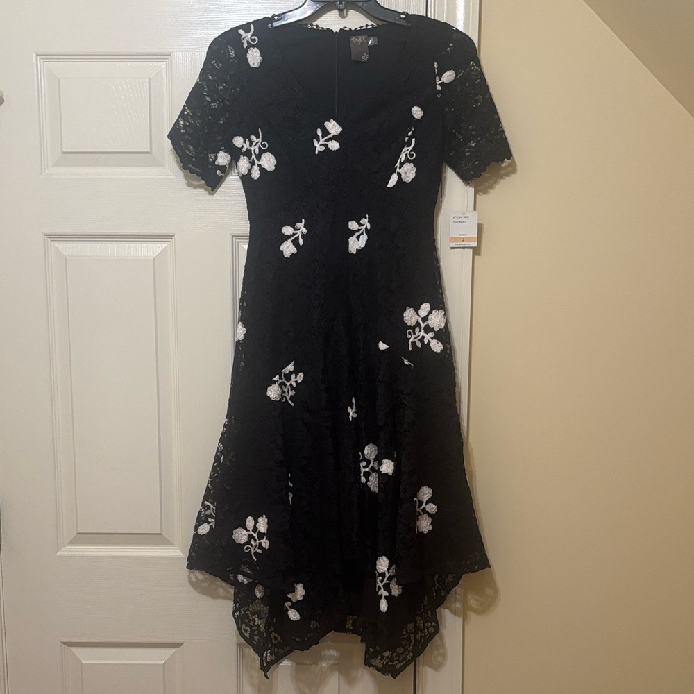 NWT Taylor Dresses Black and White Short Sleeve Embroidered Lace Dress size 2